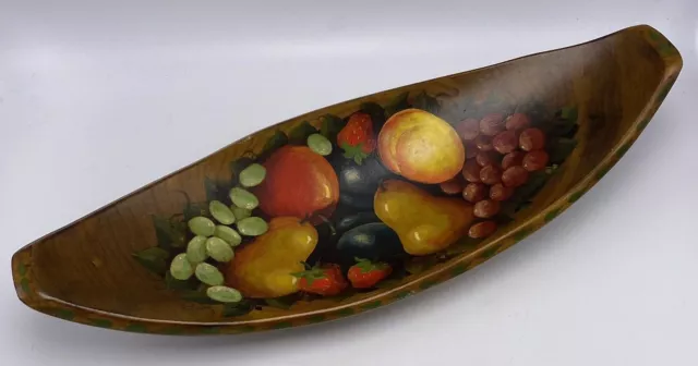 Vintage Mid Century Modern Hand Painted Fruit Wooden Bowl 18" x 6.5"