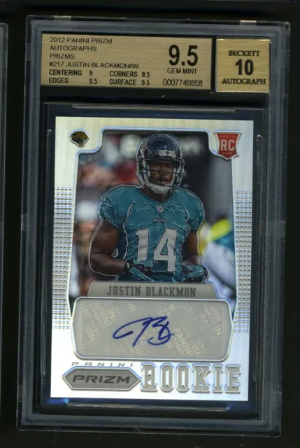 2012 Prizm Justin Blackmon Silver Auto BGS 9.5 Rookie Card #217 Oklahoma Cowboys