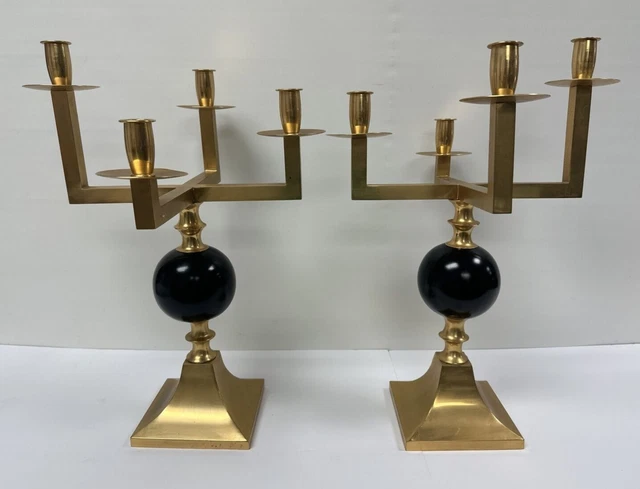 Mid Century Modern Sleek Brass 6 Light Candlesticks Candelabras W/Orb