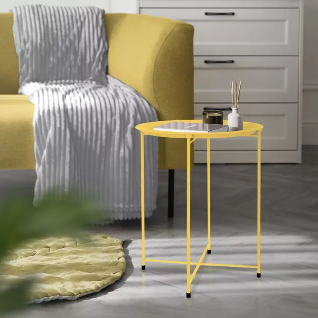 Mesa redonda metálica auxiliar amarillo 43x52 cm con bandeja extraíble plegable