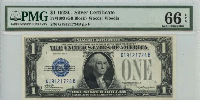 1928C $1 Silver Certificate Blue Seal FR#1603 PMG Gem66 EPQ