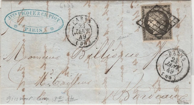 20 cts noir N° 3 sur lettre de PARIS pour BORDEAUX - janvier 1849