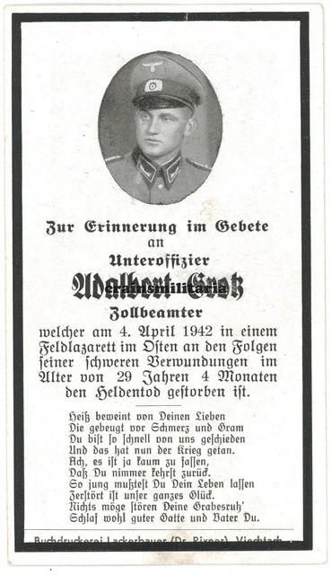 Orig. Sterbebild Zoll Beamte + 34.ID Soldat I.R.80 Slobodka Russland 1942