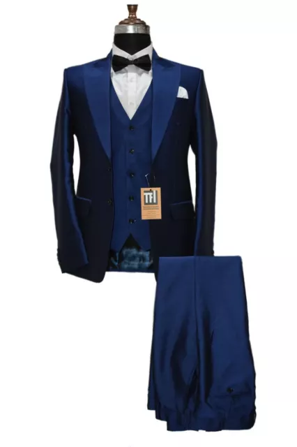 Abiti da uomo blu brillante abiti da cena di design (cappotto + gilet + pantaloni) Regno Unito