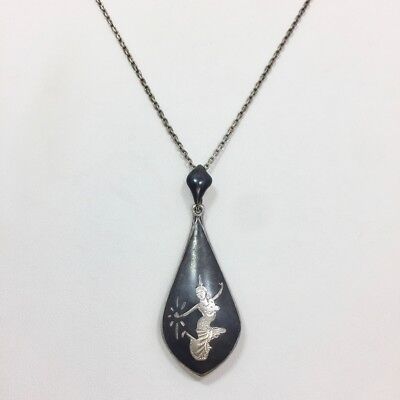 Vntg Siam Niello Mekkalah Drop Dangle Pendant Necklace 18 1/4 In Sterling Silver