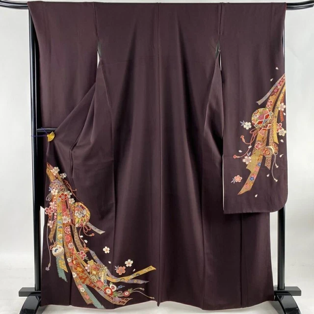 Japanese Kimono Furisode Pure Silk Ball Noshi Gold Paint Brown Purple