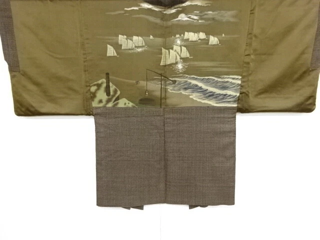 42154# Japanese Kimono / Antique Mens Haori / Woven Sailing Ship