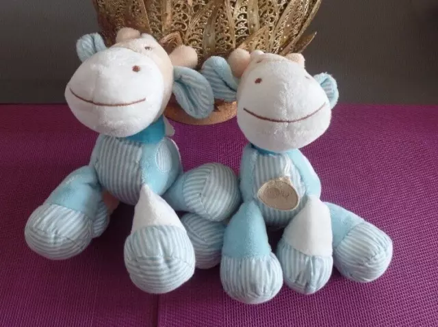 S11 / lot 2 doudou peluche poney cheval âne bleu rayé grelot pouet BABYNAT