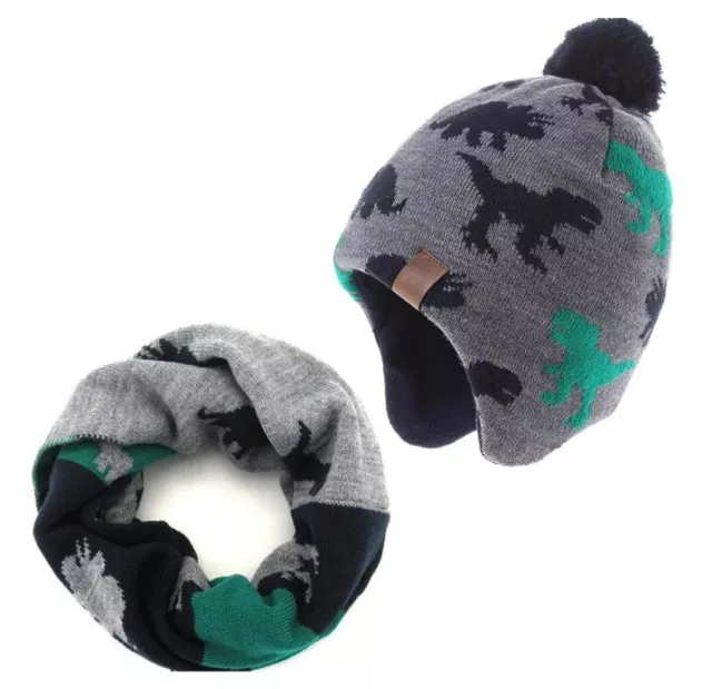 Boys Kids Dinosaur Beanie Hat Snood Scarf Set Winter Fleece Hat 1 to 3 years