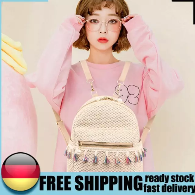 Fashion Straw Women Backpack Weave Tassel Summer Beach Travel Shoulder Schoolbag