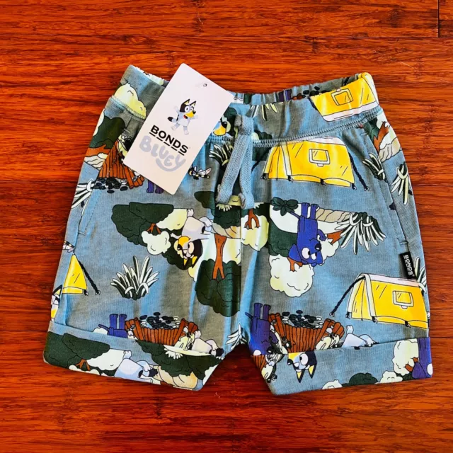 Bonds Baby Bluey Camping Grey Green Yellow Jean Luc Hipster Shorts Size 1 BNWT