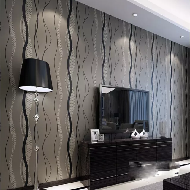 Modern Black Strips Wave Wallpaper Textured 3D Embossed Wall Covering PVC Paper