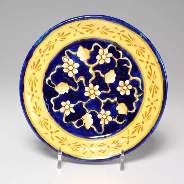 Small Cobalt Blue Yellow Italian Majolica Bread Dessert App Floral Plate, 6"