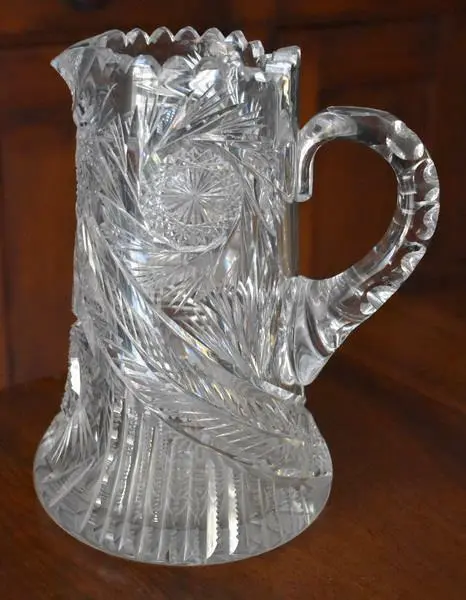 Gorgeous Asymetrical American Brilliant Whirling Star Feather Cut Glass Pitcher