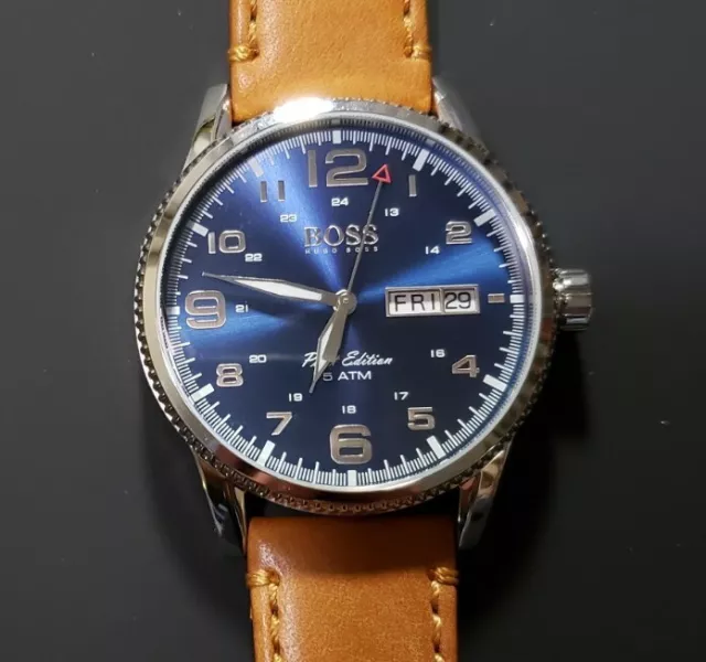 Hugo Boss Pilot Watch With 44mm Navy Blue Face & Brown Leather Band