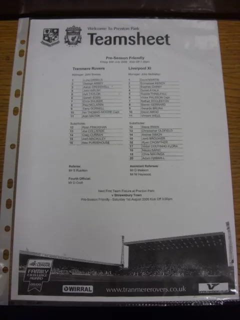 24/07/2009 Teamsheet: Tranmere Rovers v Liverpool [Friendly] (folded).  Footy Pr