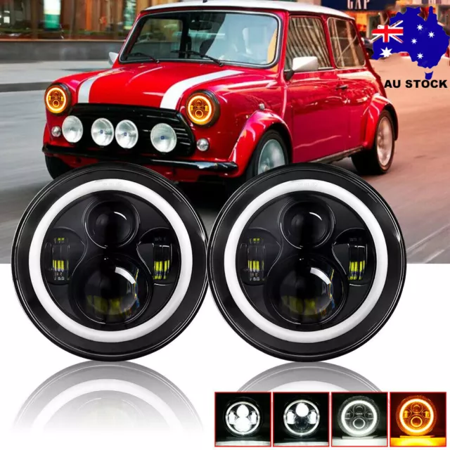 DOT 7'' Round Black LED Headlights Hi/Lo Beam Lamp For Classic Mini Austin Rover