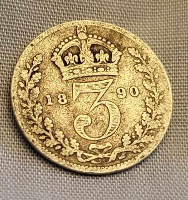 MASSIVSILBER Drei Pence 1890 Münze alt Vintage Queen Victoria antik 3D Retro 2