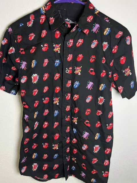 The Rolling Stones Button Shirt Mens Small Multi Tongue Logo All Over Black NWOT