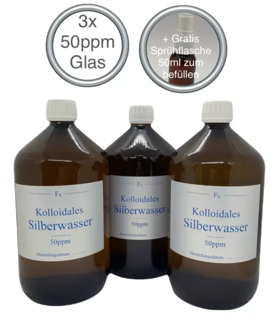 3 x Kolloidales Silberwasser 1000ml, 50ppm, hochrein, hochkonzentriert, frisch!!