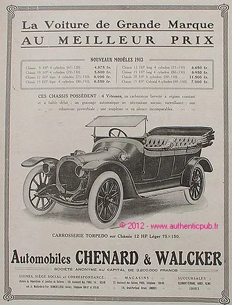 Publicite Automobile Chenard & Walcker Carrosserie Torpedo De 1913 French Advert