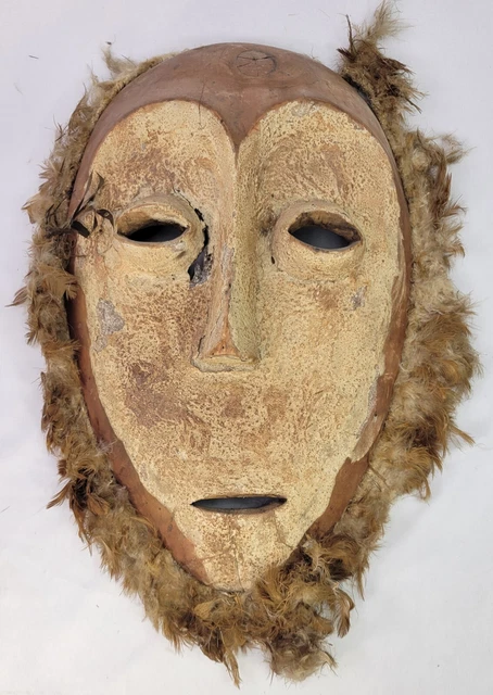 Antique African Lega Carved Wooden & Feathers Mask - Primitive Folk Art - 1950s