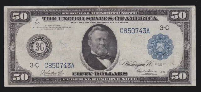 US 1914 $50 FRN Philadelphia District FR 1033 Burke/Glass VF (743) US 1914 $50 FRN Philadelphia District FR 1033 Burke/Glass VF (743)