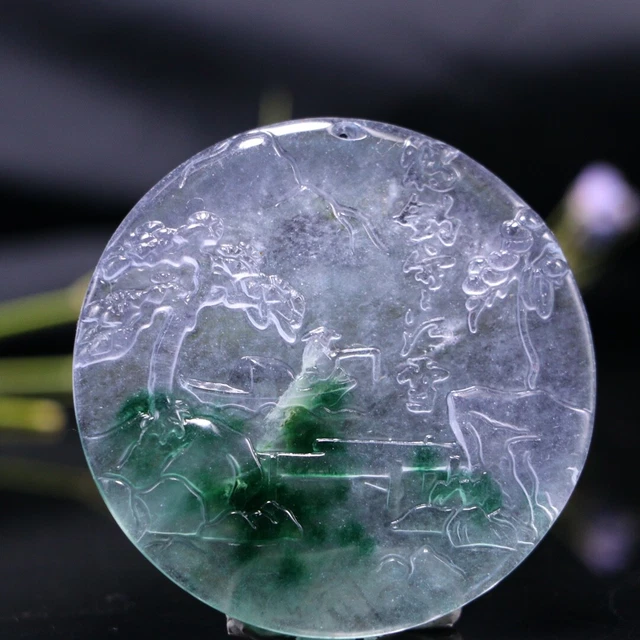 Perfect High Ice Chinese Jadeite Hand Carving Landscape Circle Pendant Y52