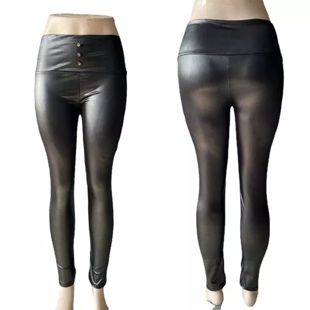 Femmes Sexy Taille Haute ��troit Pu-Cuir Leggings Elastic-Butt Ascenceur