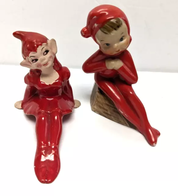 Pair of 1950's Red Ceramic Vintage Christmas Devil Pixie Elf Figurines Japan