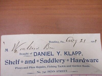 Vintage Letterhead Daniel Y. Klapp Shelf Saddlery Hardware Reading 8/21/1901