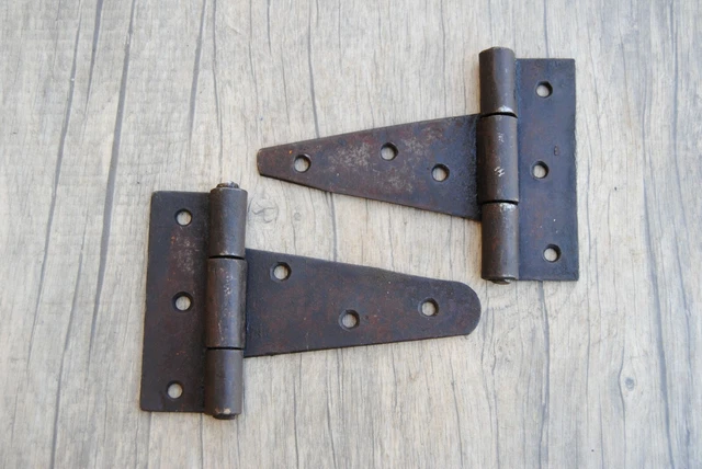 2p Vtg Iron handforged heavy French Gothic gate door tool box trunk chest hinges