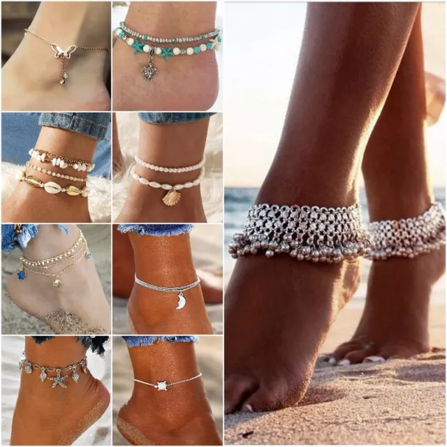 Silver Gold Boho Ankle Bracelet Multi Layer Anklet Adjustable Foot Chain Beach