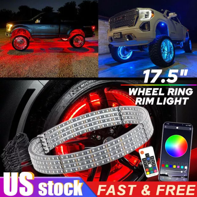 17.5" RGB & Chasing Flow Double Row LED Wheel Ring Rim Lights For Truck Car set