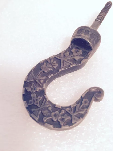 EARLY HAND FORGED WROUGHT IRON HOOK ORNATE w/ FLOWER DESIGN