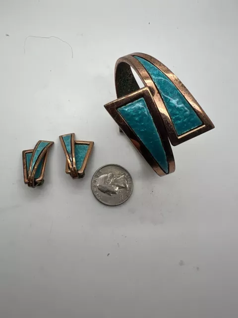 Matisse Renoir Turquoise Blue Nile Enamel Hinged Bracelet & Clip-on Earrings C6