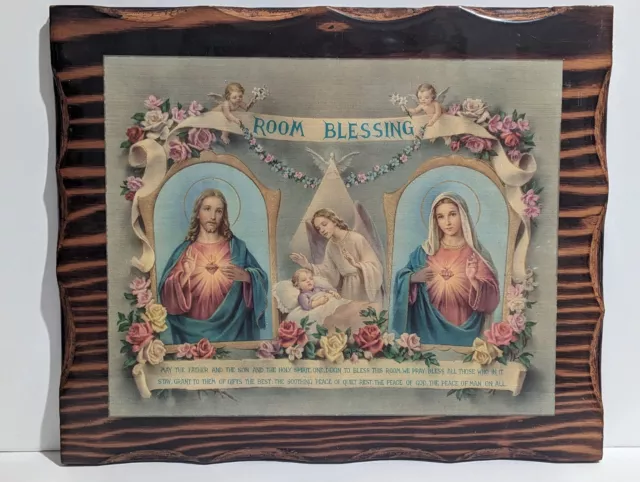 Vntg Religious Christian Room Nursery Blessing Picture 12"x 10" Resin Over Wood