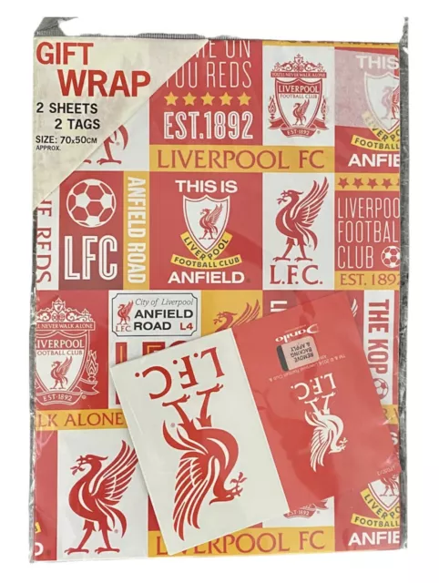 Liverpool LFC Football Ufficiale 2 fogli carta da imballaggio regalo e confezione da 2 etichette