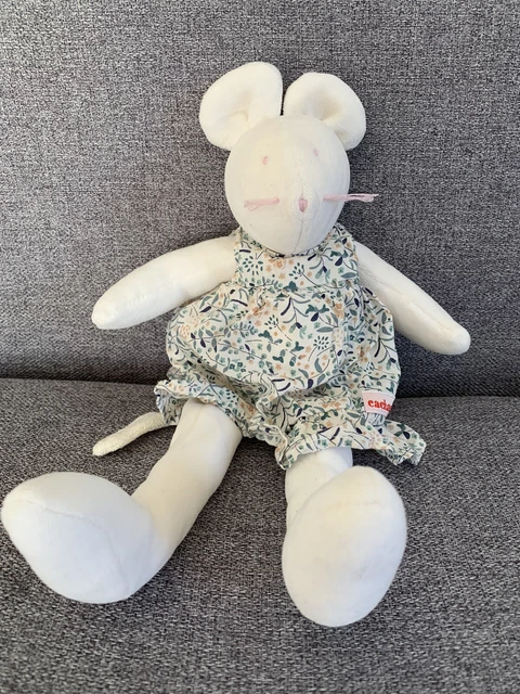 doudou souris blanche moustache rose robe fleurs CACHAREL MOULIN ROTY TBE