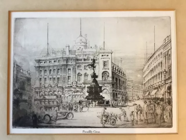 William Monk Piccadilly Circus London, Antique 1920s Copperplate Etching, Framed