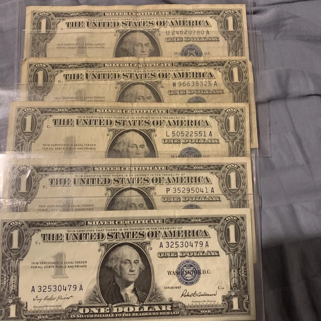 5 1957 Blue Seal $1 Dollar Silver Certificate, VG/VF, Old US money Rare