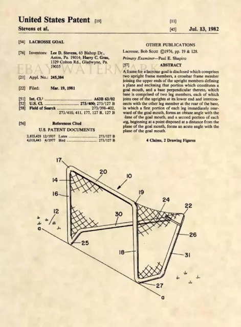 Official Lacrosse Goal US Patent Art Print - Vintage Original LAX Goalie 512