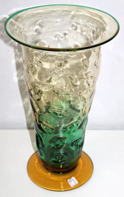 BLENKO Glass Vase Green Amber Clear 4403 LARGE 14.25in Original Label & Signed
