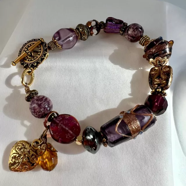 Purple Art Glass Bead Gold Tone Gypsy Style Boho Charm Heart Dangle Bracelet