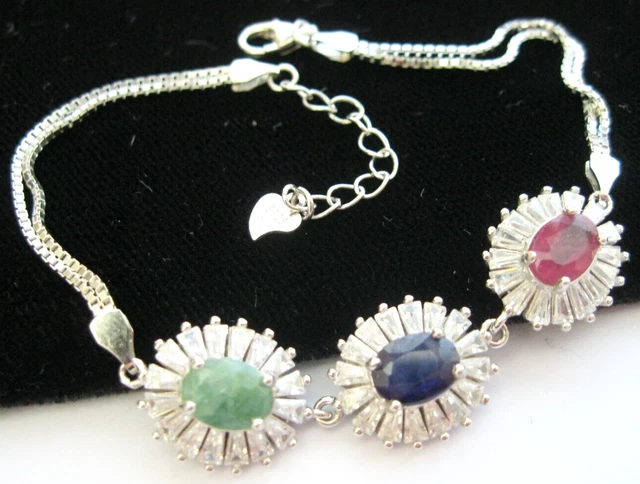 Sterling Silver Real Ruby Emerald Sapphire Tennis BRACELET Hallmarked 8.71g