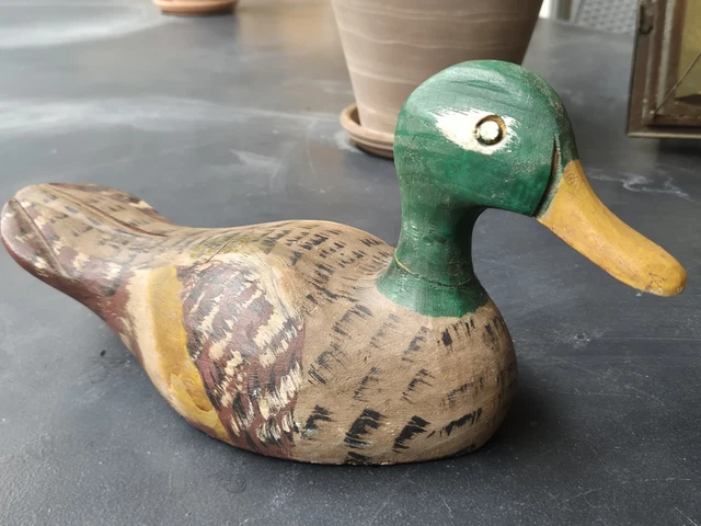 Vieux Canard En Bois Polychrome - Ancien Leurre De Chasse Ou Objet Déco