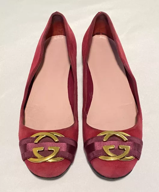 GUCCI RED SUEDE G Metal Logo Women's Loafers Flat Shoes 38.5 / US8.5 ...