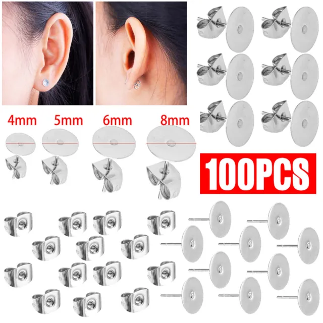 100Pcs Stainless Steel Stud Post Earring Findings with Round Flat Pad 4/5/6/8mm