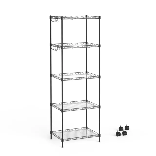 Mondeer 5 Tier Metal Storage Rack w/ 4 Wheels 8 Hooks PP Partition Office Black