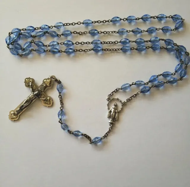 Vtg Blue Crystal Glass Beads Rosary Mary Miraculous Center Medal Crucifix Italy